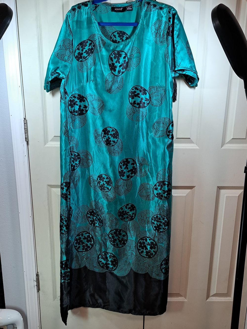 Ashro Teal and Black Patterned Maxi Satin Kaftan